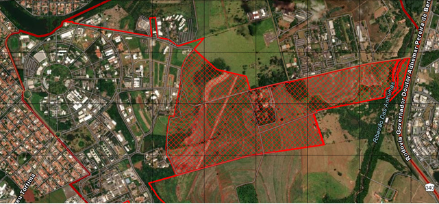 Imagem aérea do campus da Unicamp, com detalhe em vermelha da área da Fazenda Argentina